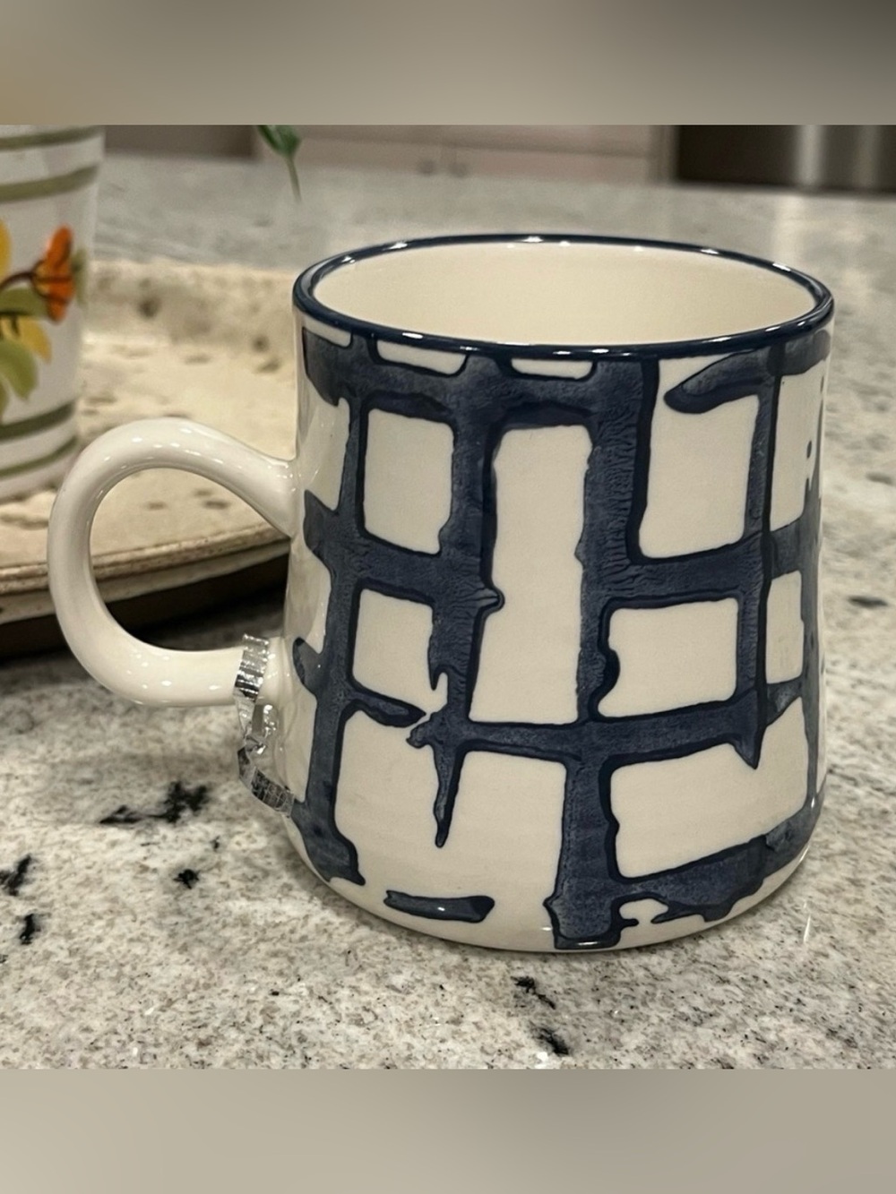 Hand Painted Under Glaze White and Blue Abstract Ceramic Coffee Mug NWOB